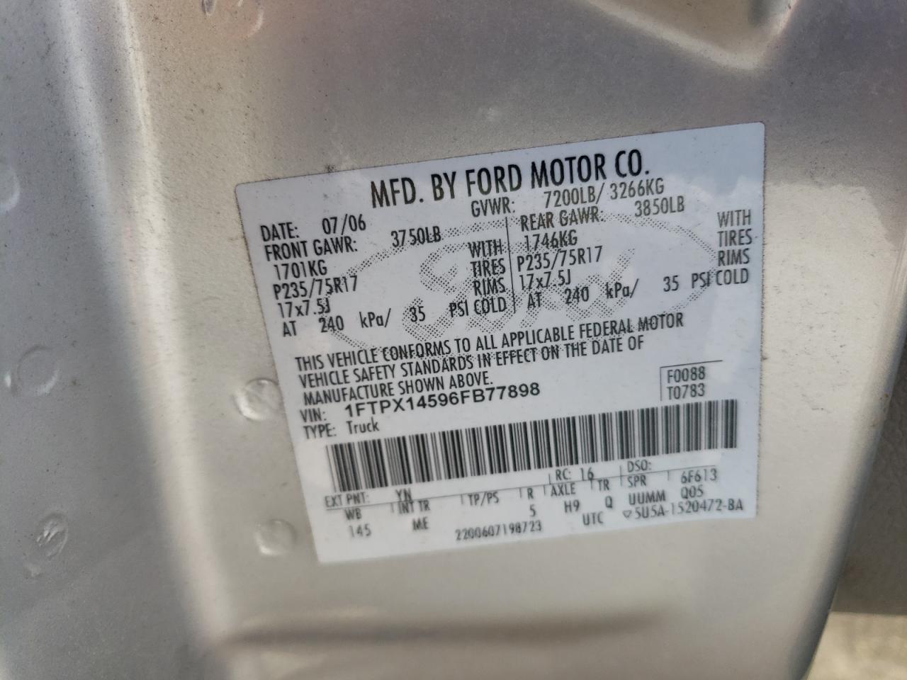 Photo 10 from auction – 2006 FORD F150 with VIN 1FTPX14596FB77898