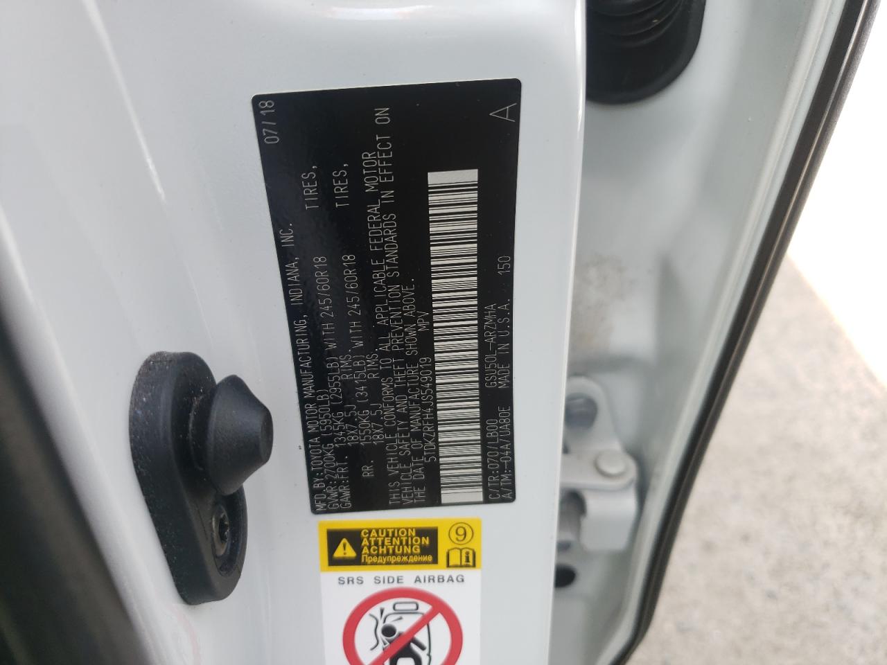 Photo 10 from auction – 2018 TOYOTA HIGHLANDER with VIN 5TDKZRFH4JS549019