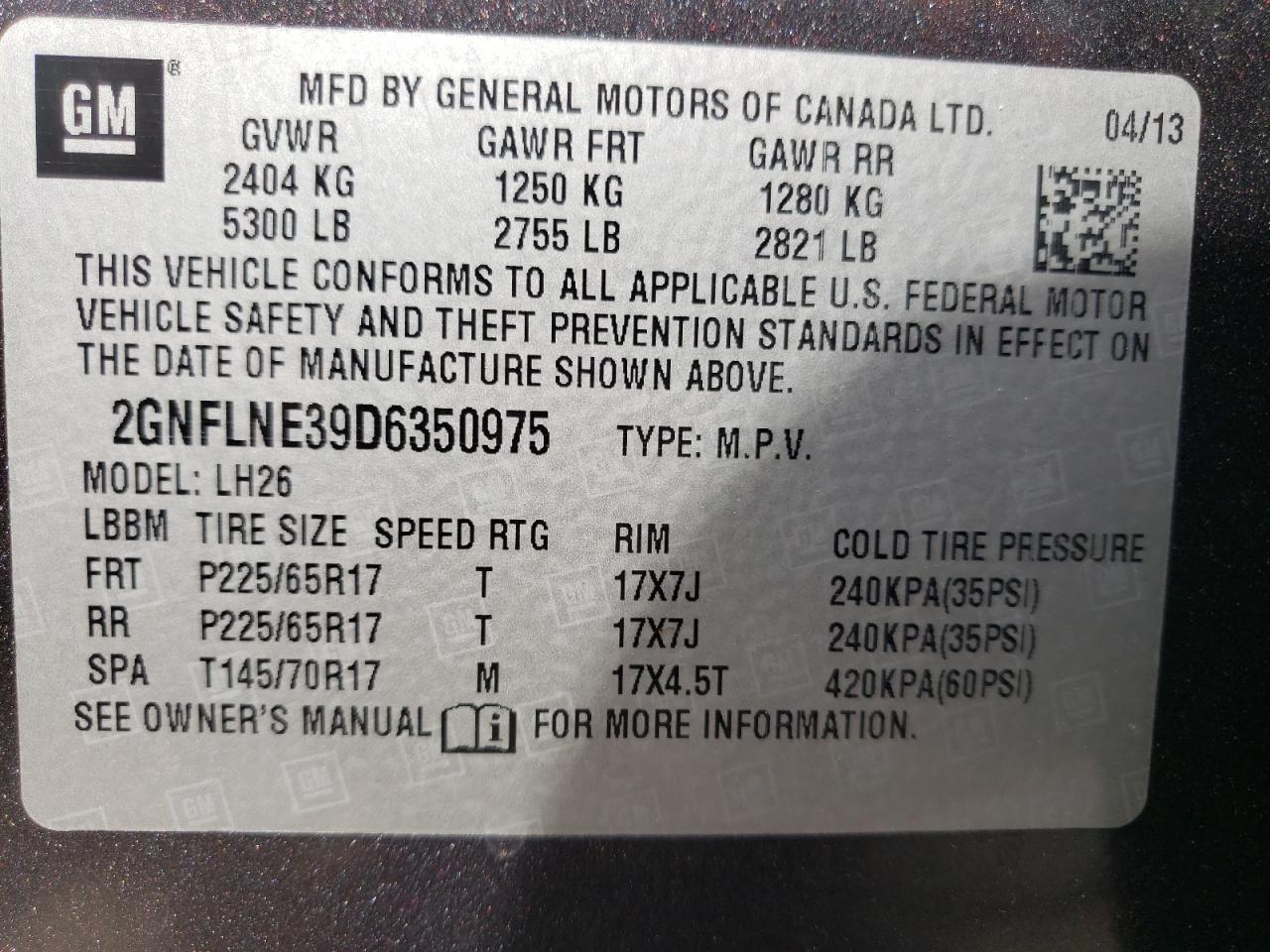 Photo 10 from auction – 2013 CHEVROLET EQUINOX LT with VIN 2GNFLNE39D6350975