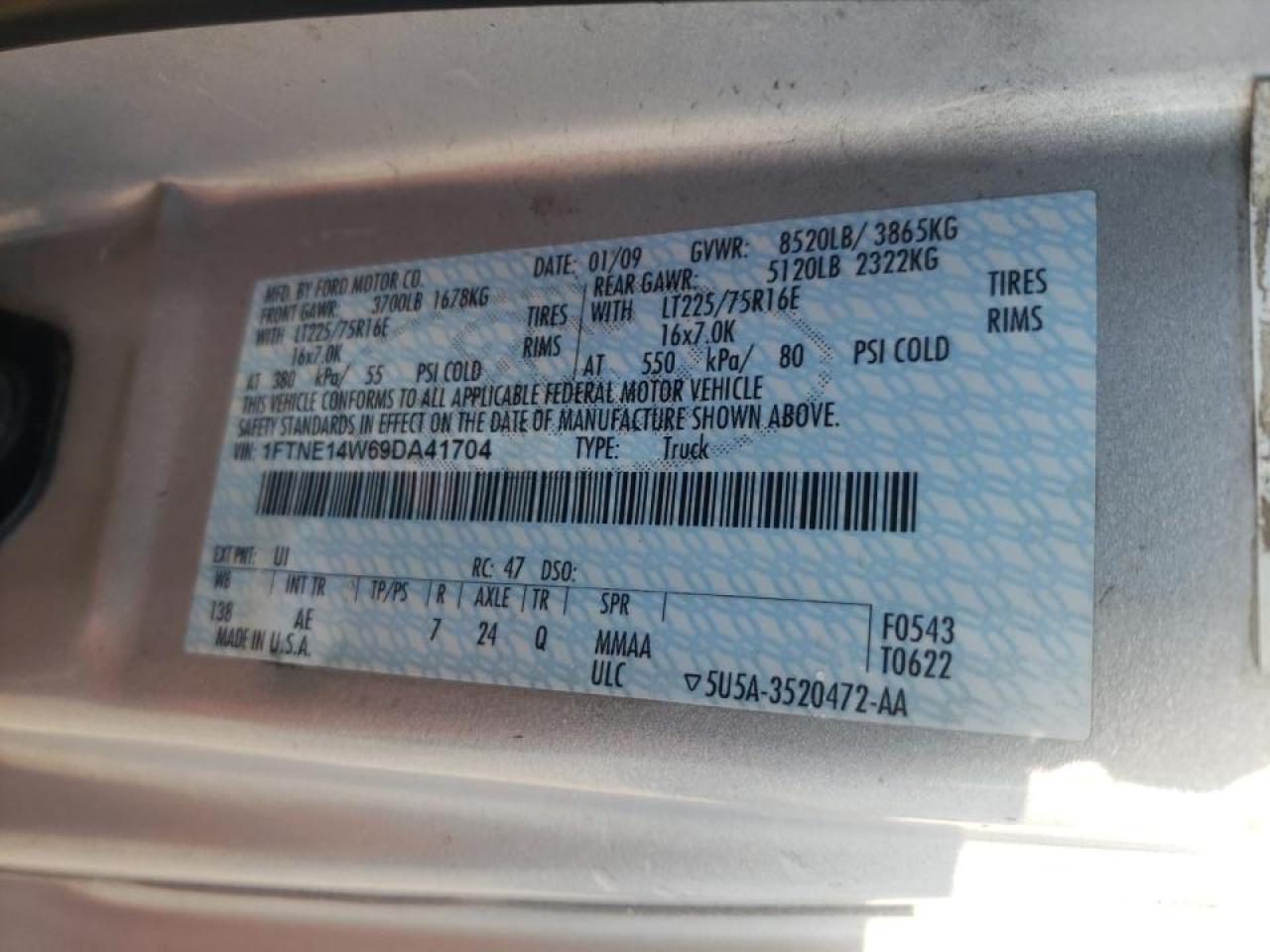 Photo 10 from auction – 2009 FORD ECONOLINE with VIN 1FTNE14W69DA41704