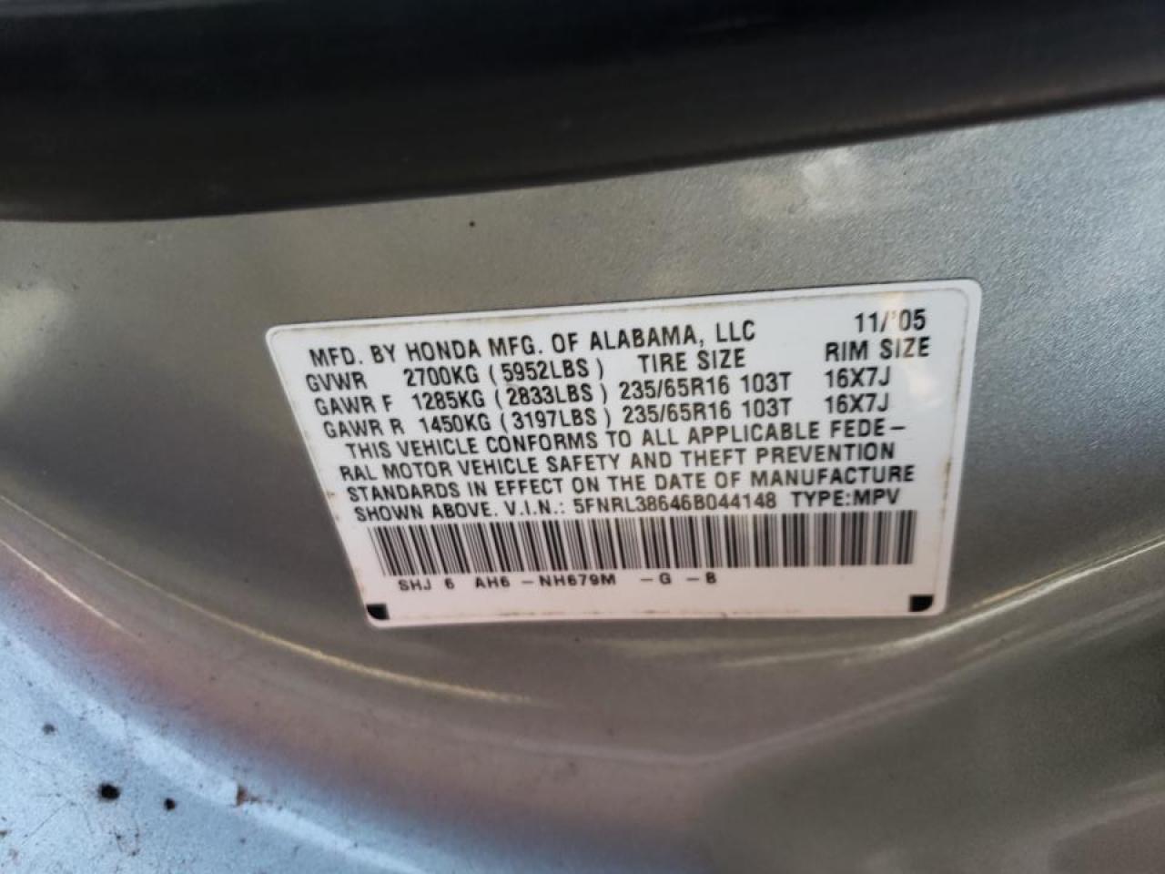 Photo 10 from auction – 2006 HONDA ODYSSEY EX with VIN 5FNRL38646B044148