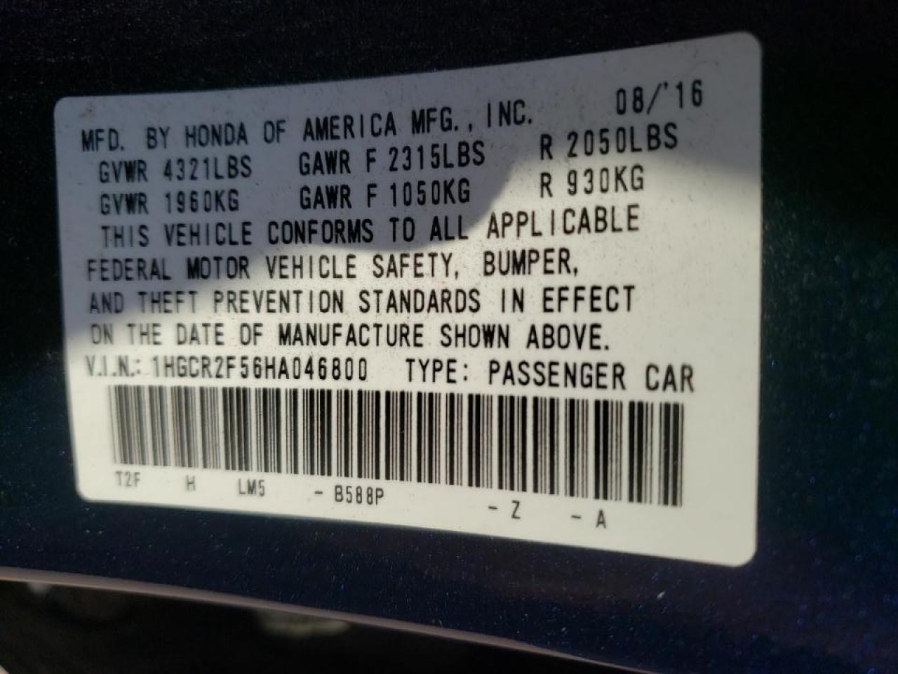Photo 10 from auction – 2017 HONDA ACCORD SPO with VIN 1HGCR2F56HA046800