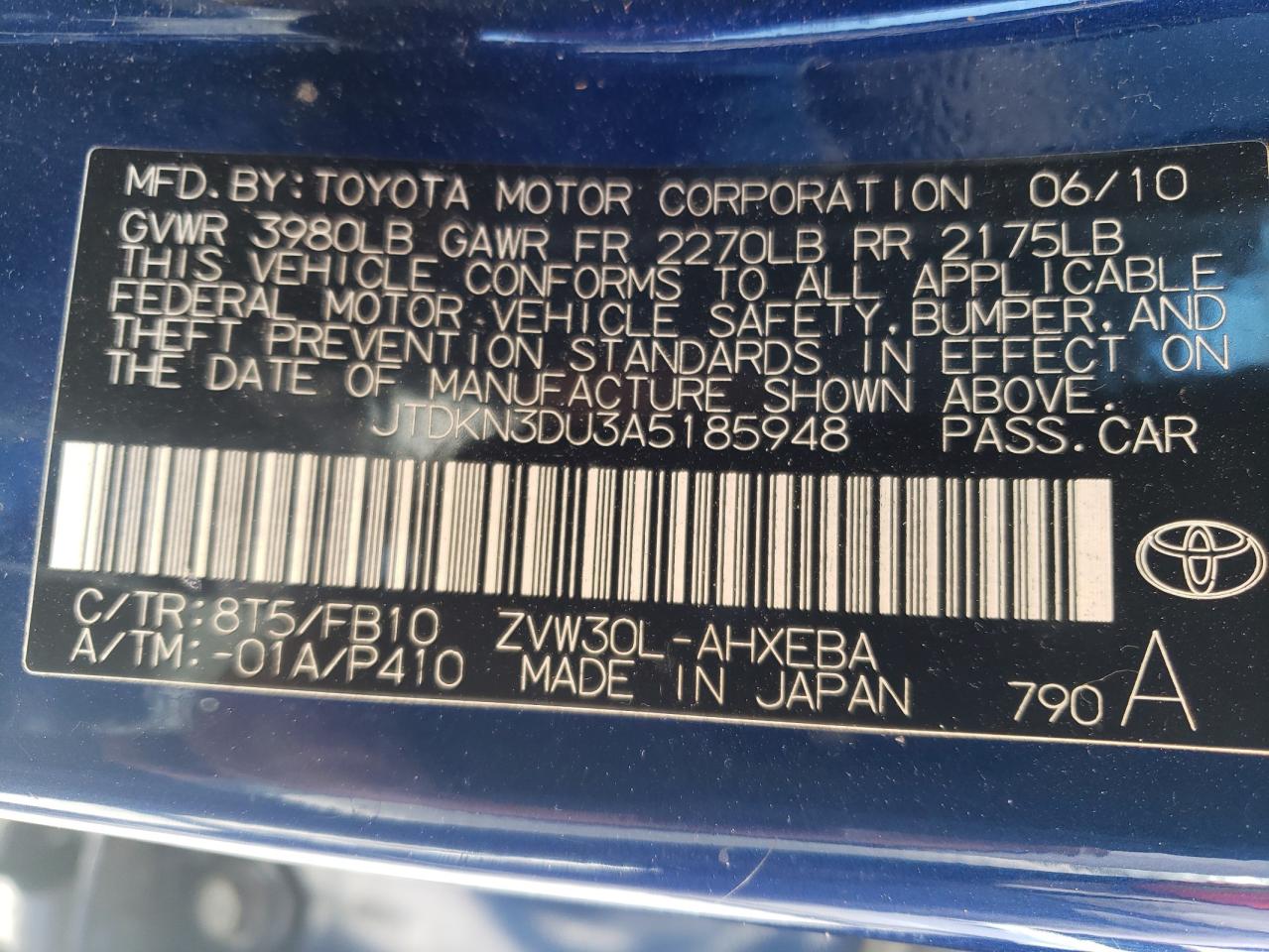 Photo 10 from auction – 2010 TOYOTA PRIUS with VIN JTDKN3DU3A5185948