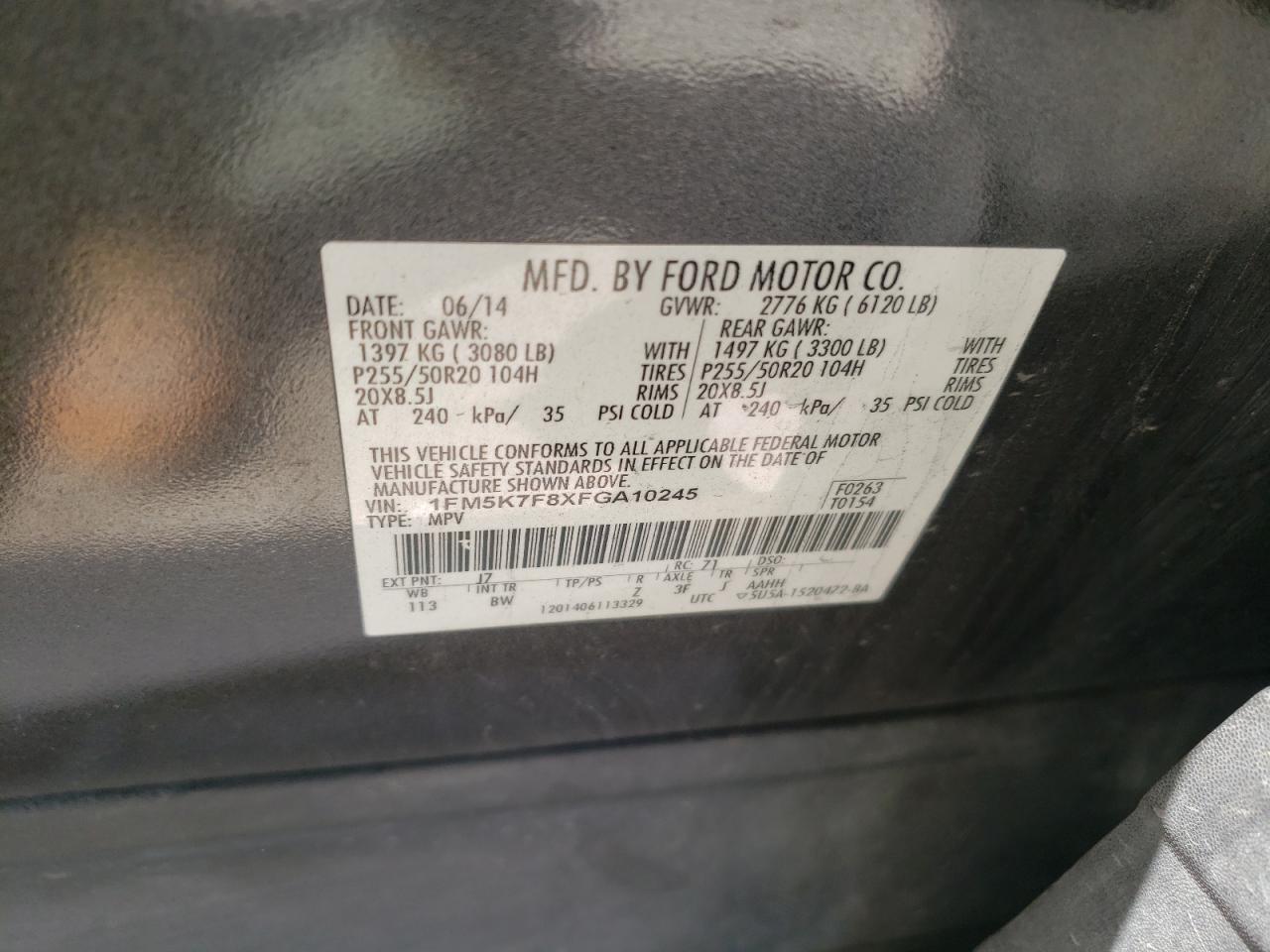 Photo 10 from auction – 2015 FORD EXPLORER L with VIN 1FM5K7F8XFGA10245