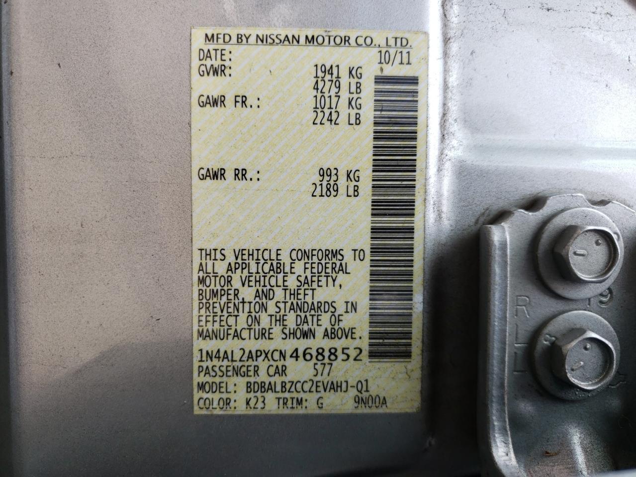 Photo 10 from auction – 2012 NISSAN ALTIMA BAS with VIN 1N4AL2APXCN468852