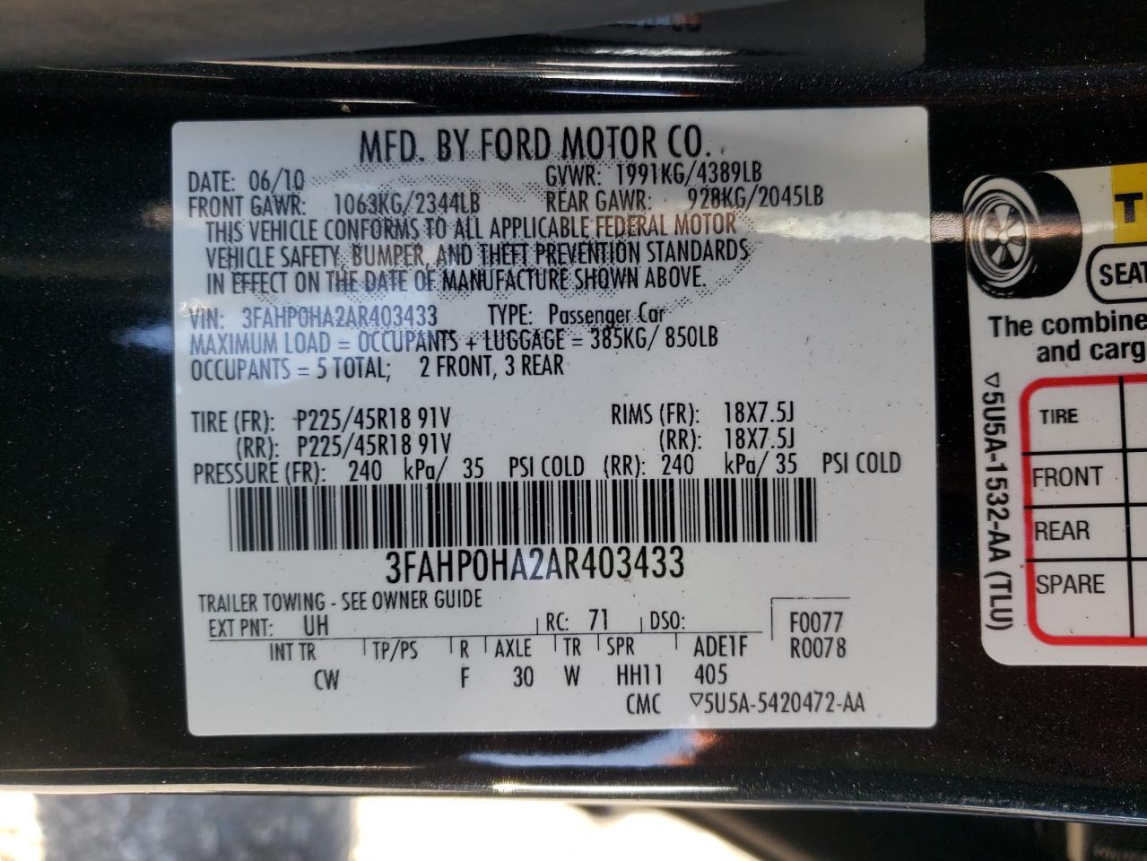 Photo 10 from auction – 2010 FORD FUSION SE with VIN 3FAHP0HA2AR403433