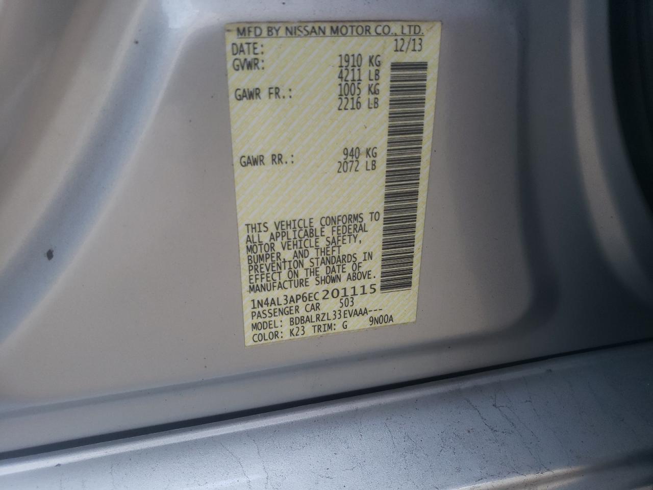 Photo 10 from auction – 2014 NISSAN ALTIMA 2.5 with VIN 1N4AL3AP6EC201115