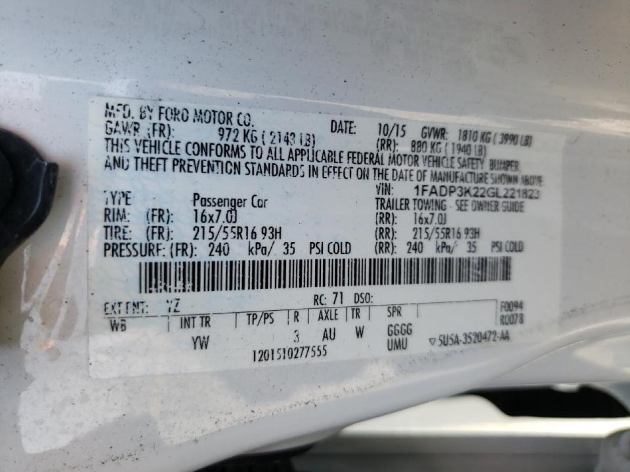 Photo 10 from auction – 2016 FORD FOCUS SE with VIN 1FADP3K22GL221823