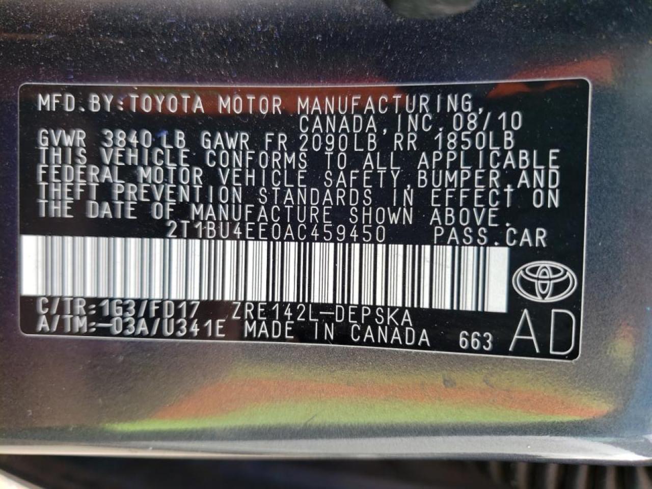 Photo 10 from auction – 2010 TOYOTA COROLLA BA with VIN 2T1BU4EE0AC459450