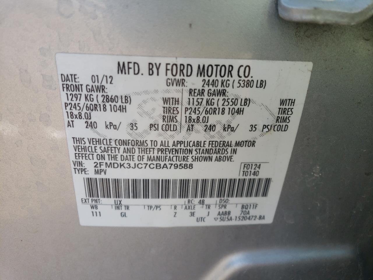 Photo 10 from auction – 2012 FORD EDGE SEL with VIN 2FMDK3JC7CBA79588