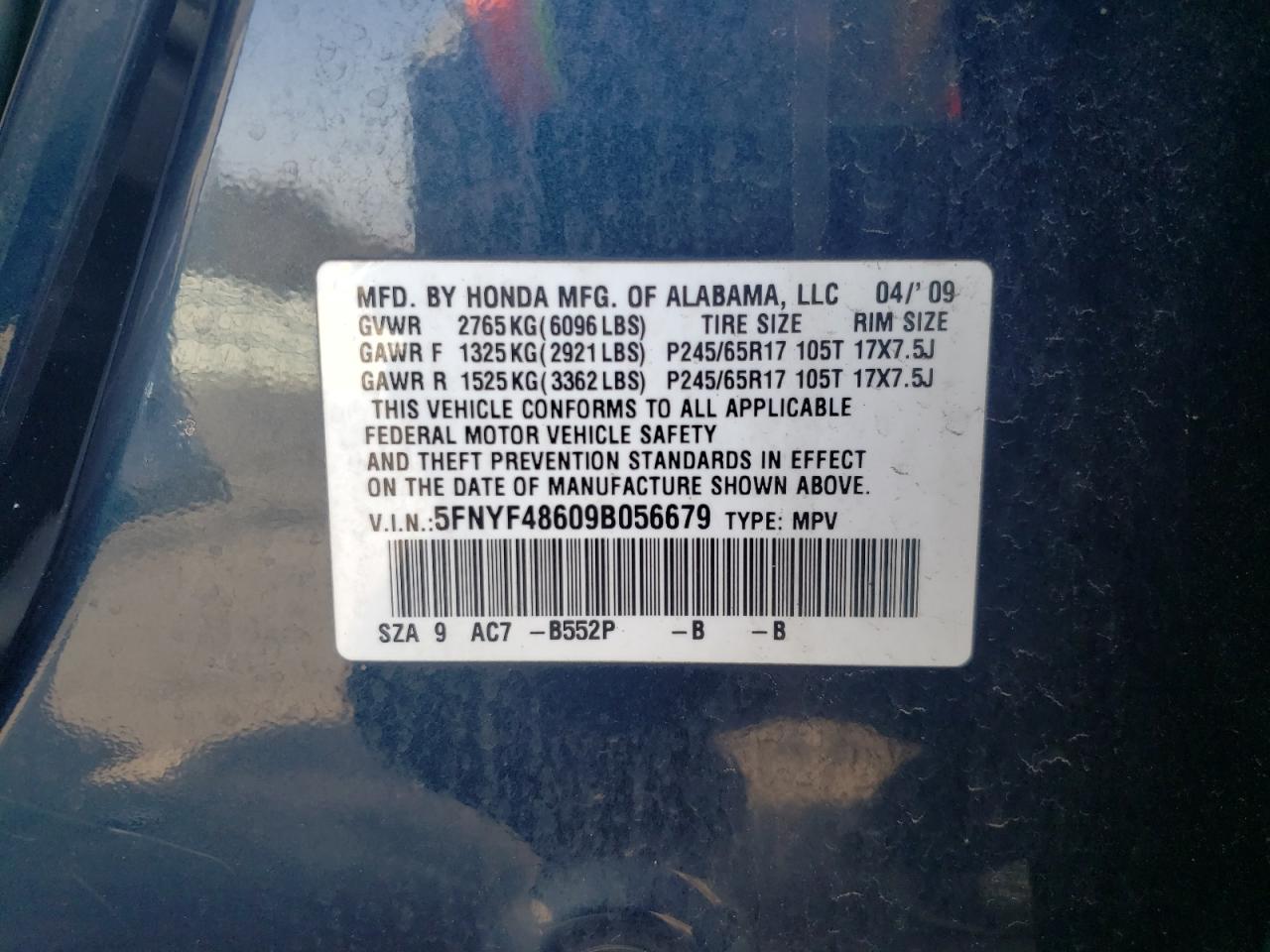 Photo 10 from auction – 2009 HONDA PILOT EXL with VIN 5FNYF48609B056679