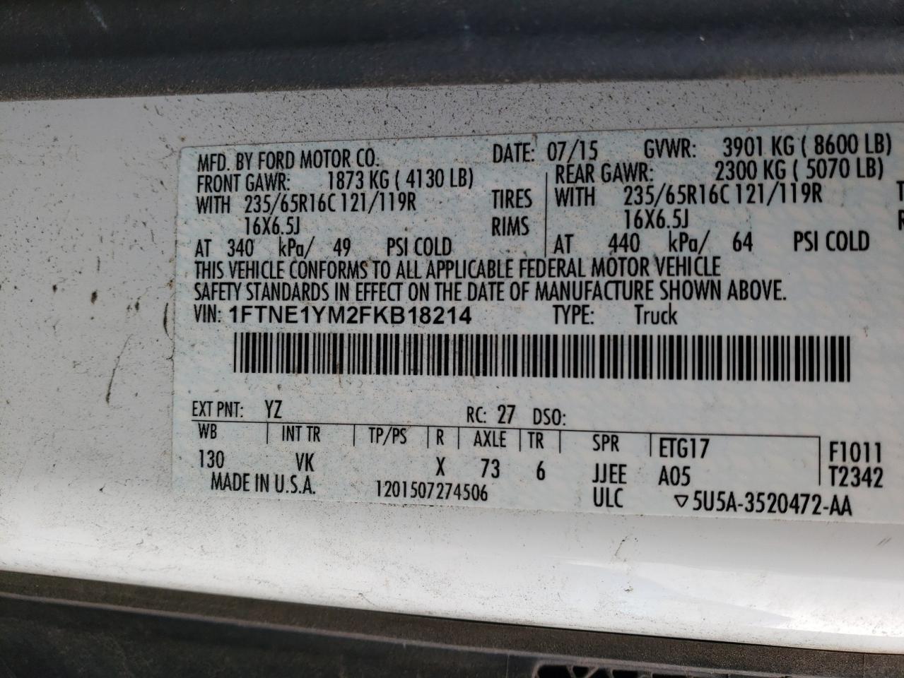 Photo 10 from auction – 2015 FORD TRANSIT T- with VIN 1FTNE1YM2FKB18214