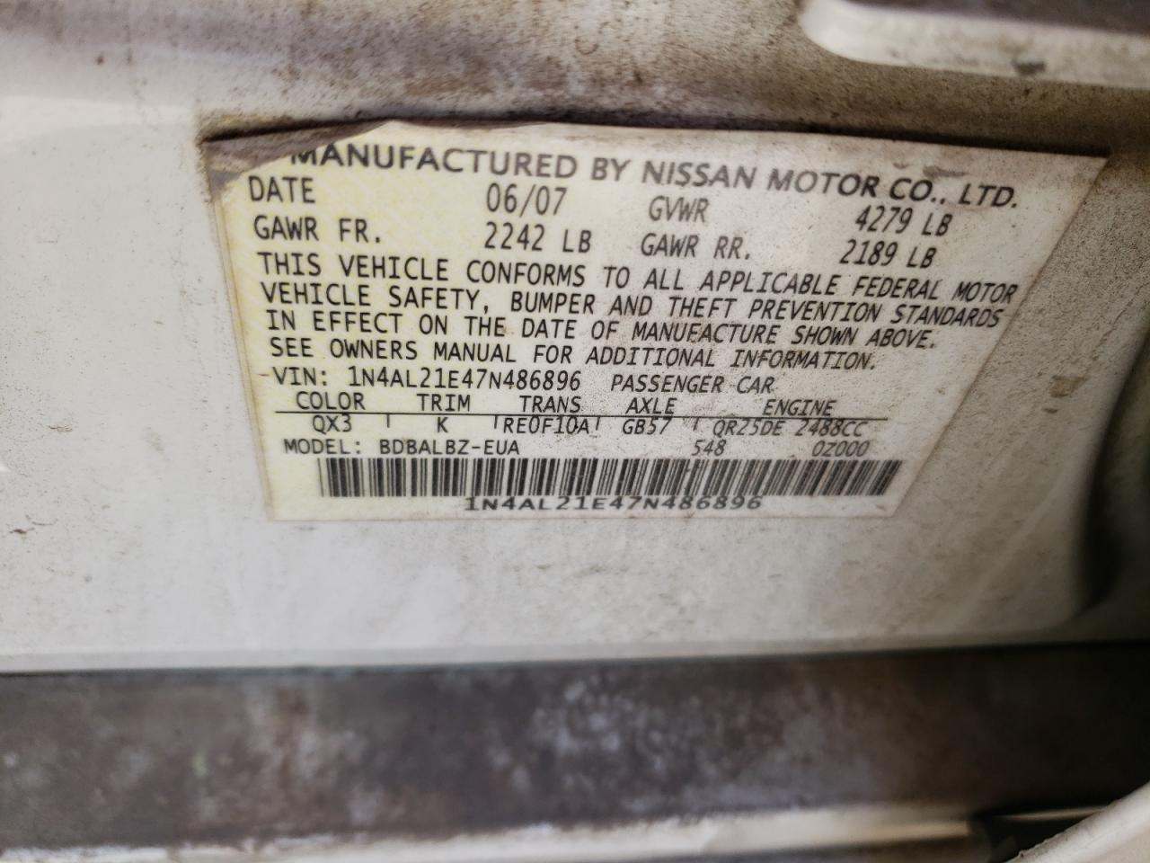 Photo 10 from auction – 2007 NISSAN ALTIMA 2.5 with VIN 1N4AL21E47N486896