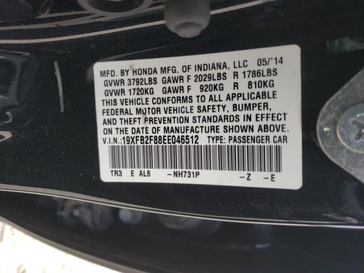 Photo 10 from auction – 2014 HONDA CIVIC EX with VIN 19XFB2F88EE046512