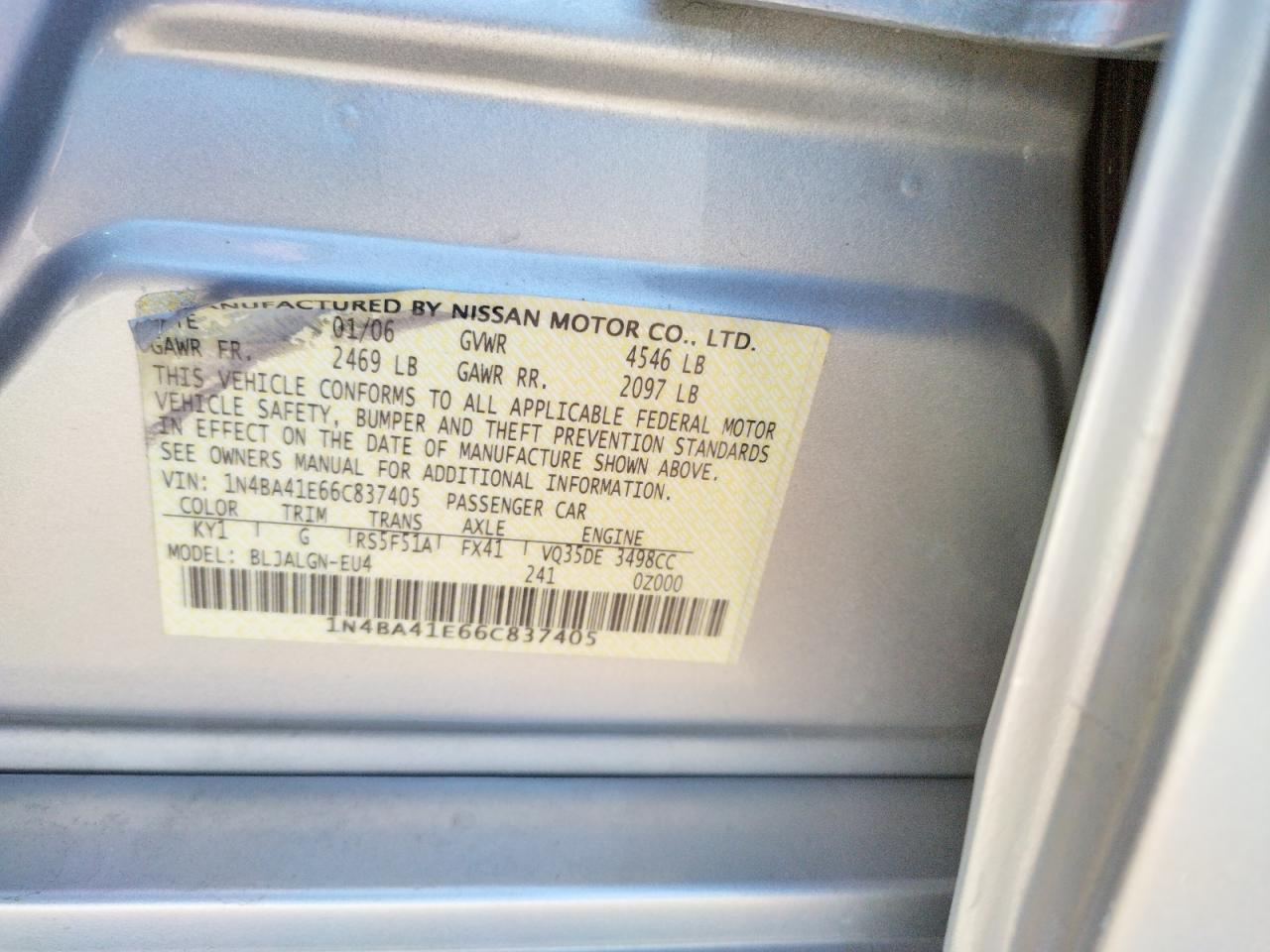 Photo 10 from auction – 2006 NISSAN MAXIMA SE with VIN 1N4BA41E66C837405