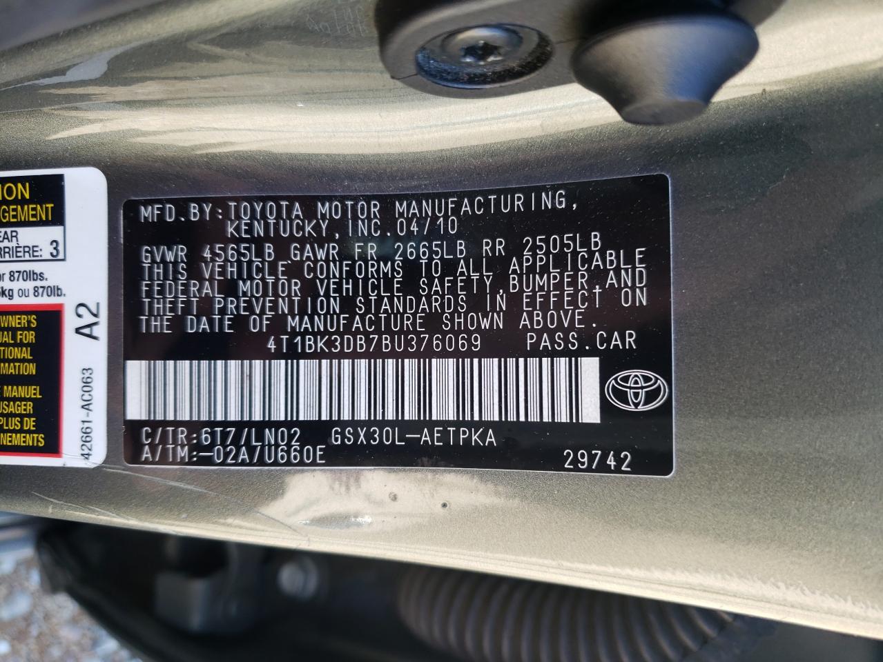 Photo 10 from auction – 2011 TOYOTA AVALON BAS with VIN 4T1BK3DB7BU376069