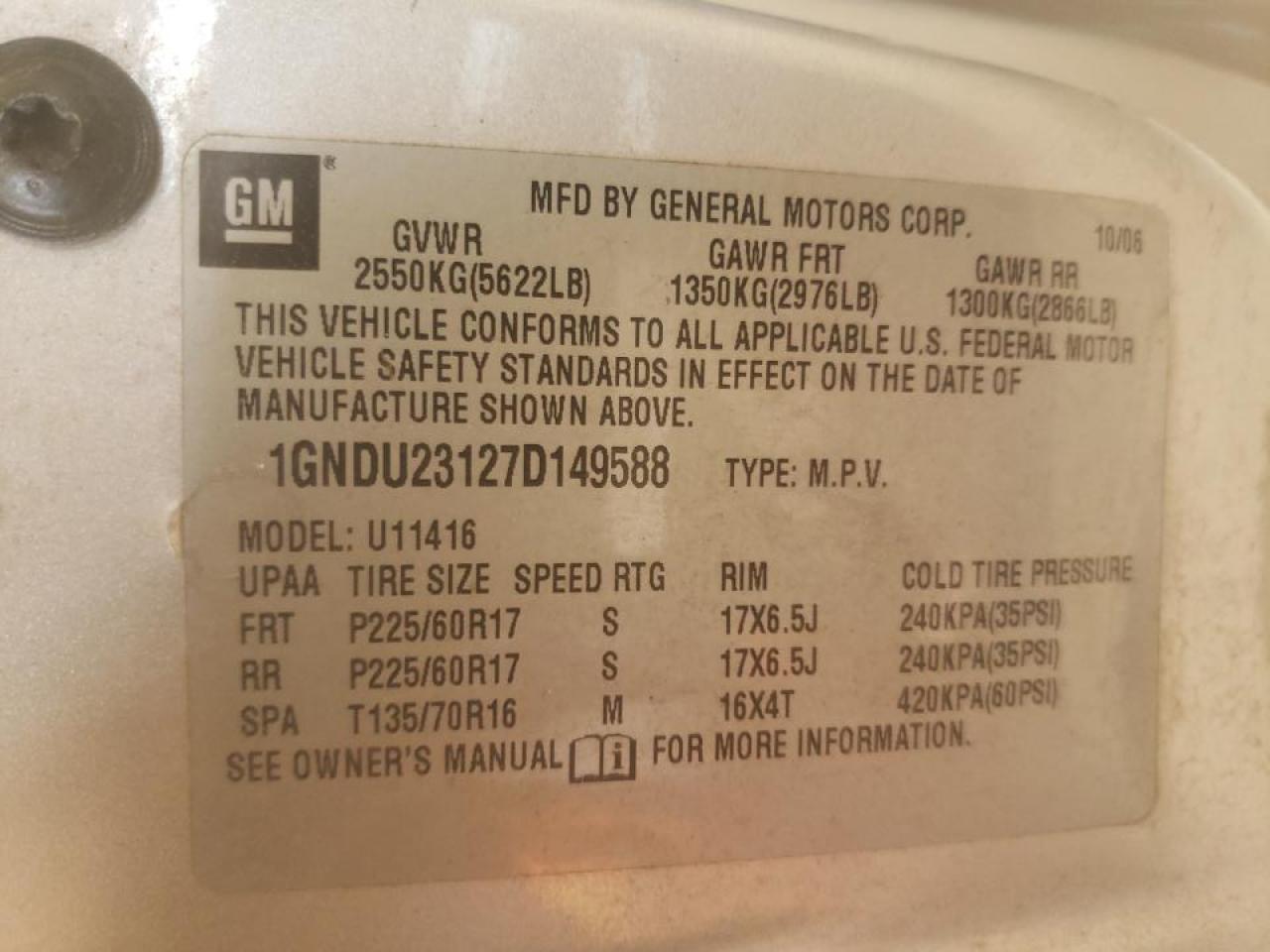 Photo 10 from auction – 2007 CHEVROLET UPLANDER L with VIN 1GNDU23127D149588