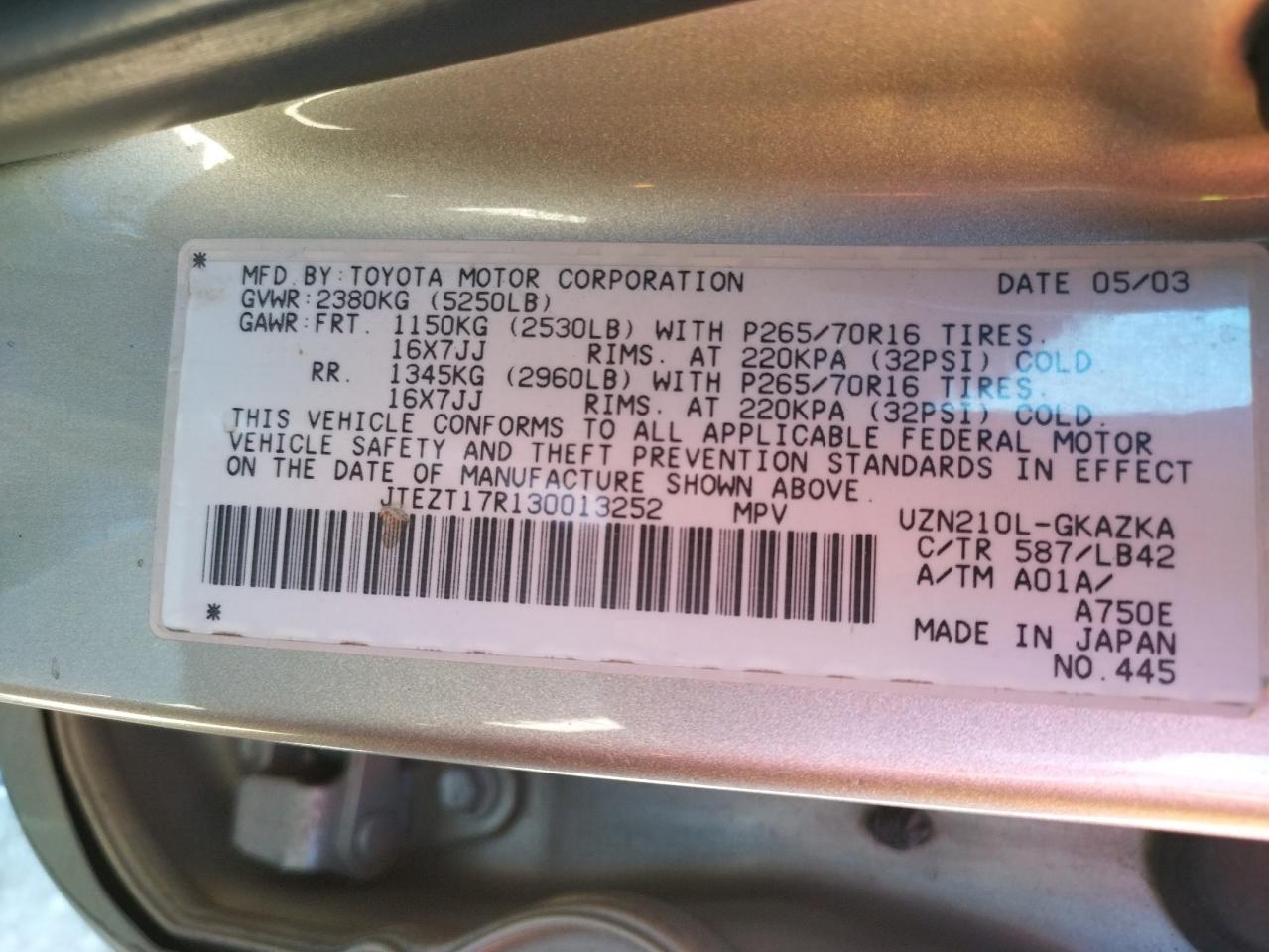Photo 10 from auction – 2003 TOYOTA 4RUNNER LI with VIN JTEZT17R130013252