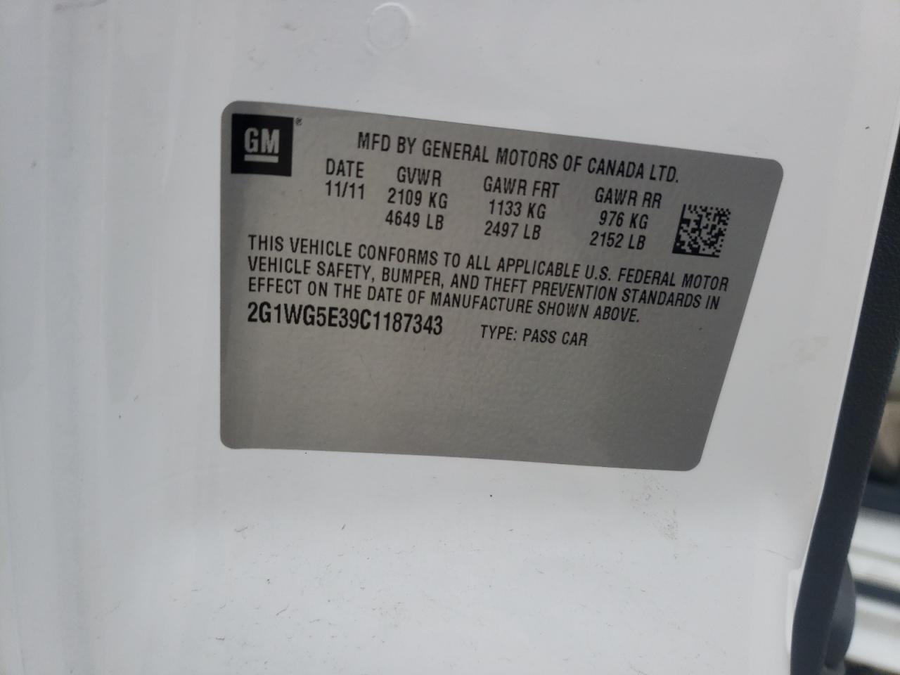 Photo 10 from auction – 2012 CHEVROLET IMPALA LT with VIN 2G1WG5E39C1187343