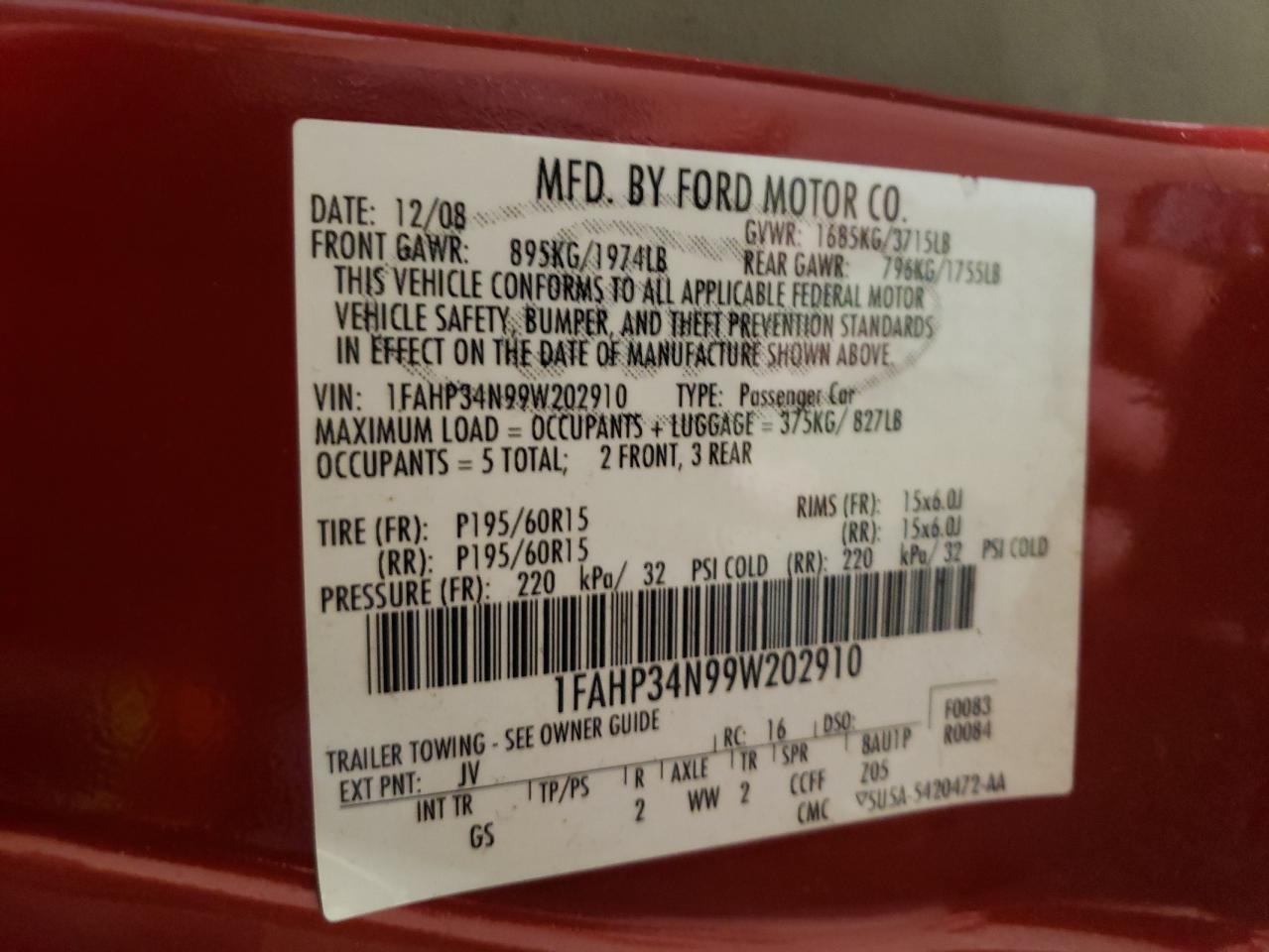 Photo 10 from auction – 2009 FORD FOCUS S with VIN 1FAHP34N99W202910