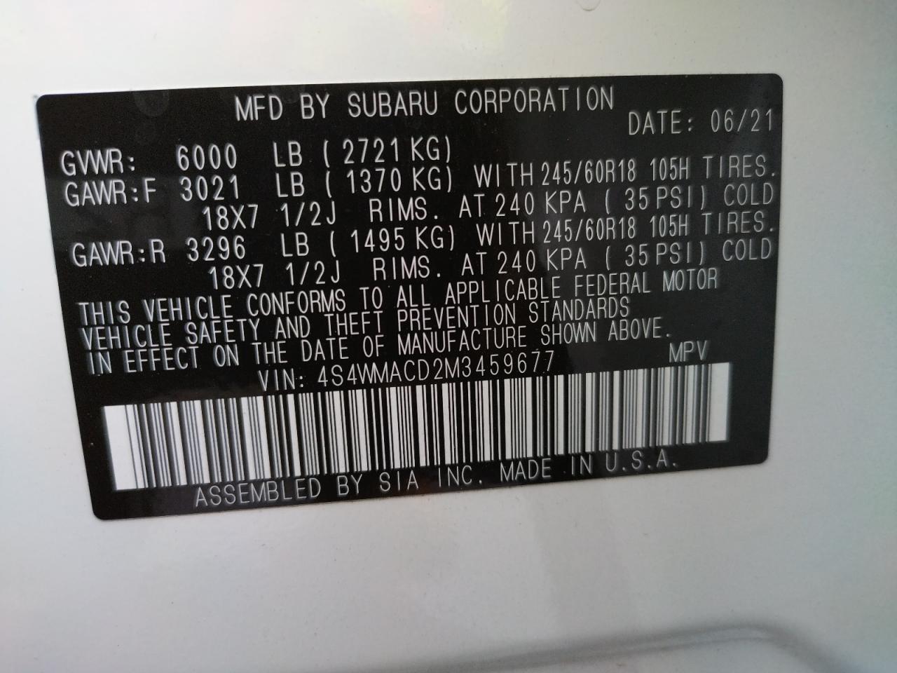 Photo 10 from auction – 2021 SUBARU ASCENT PRE with VIN 4S4WMACD2M3459677