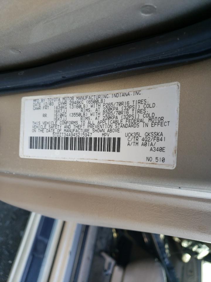 Photo 10 from auction – 2004 TOYOTA SEQUOIA SR with VIN 5TDZT34A94S215947