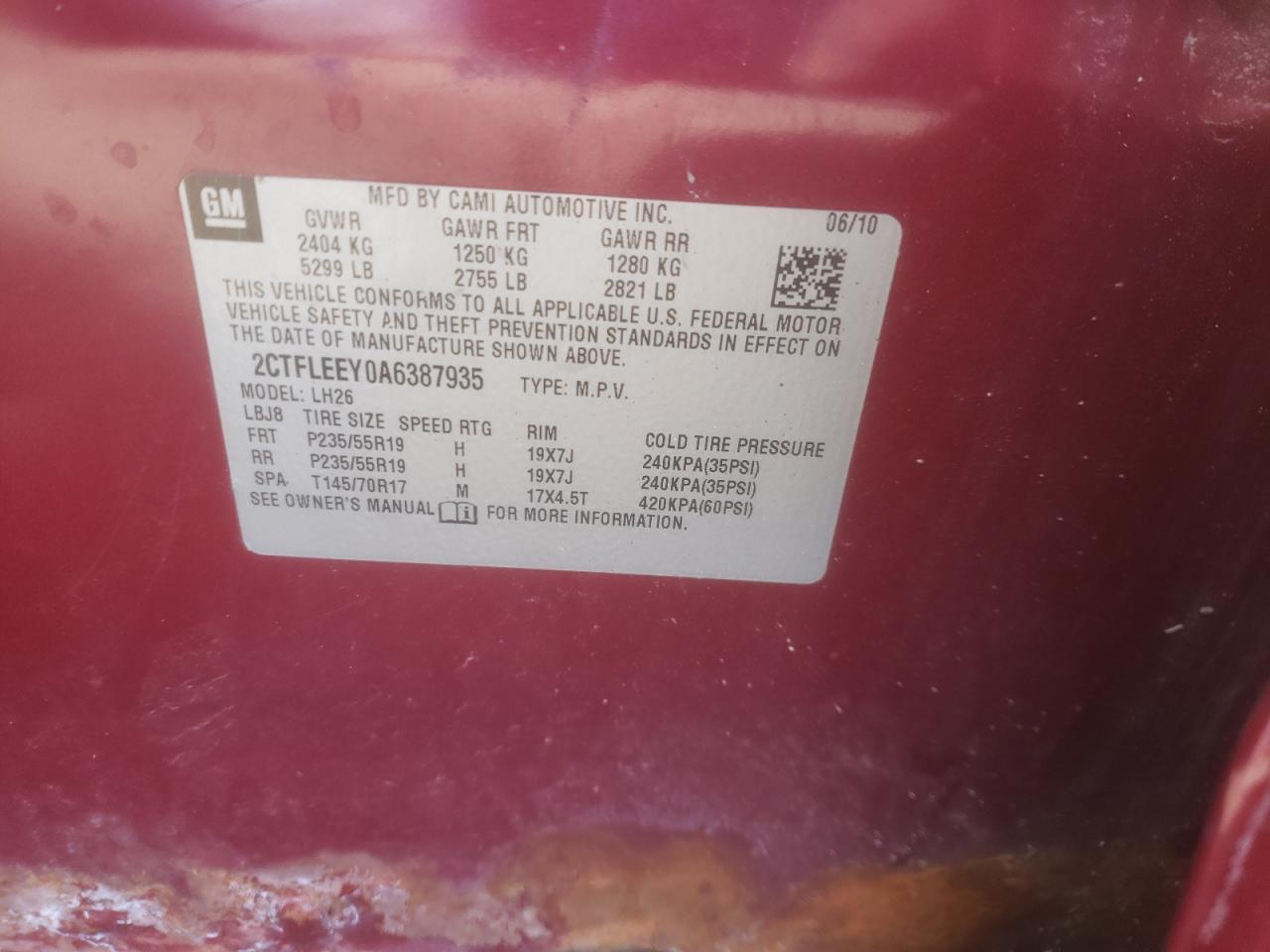 Photo 10 from auction – 2010 GMC TERRAIN SL with VIN 2CTFLEEY0A6387935