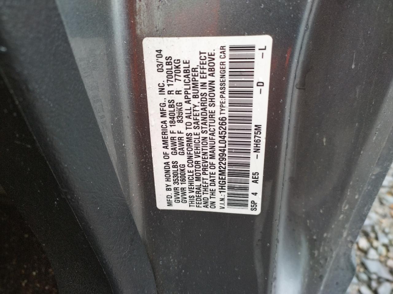 Photo 10 from auction – 2004 HONDA CIVIC EX with VIN 1HGEM22994L045266