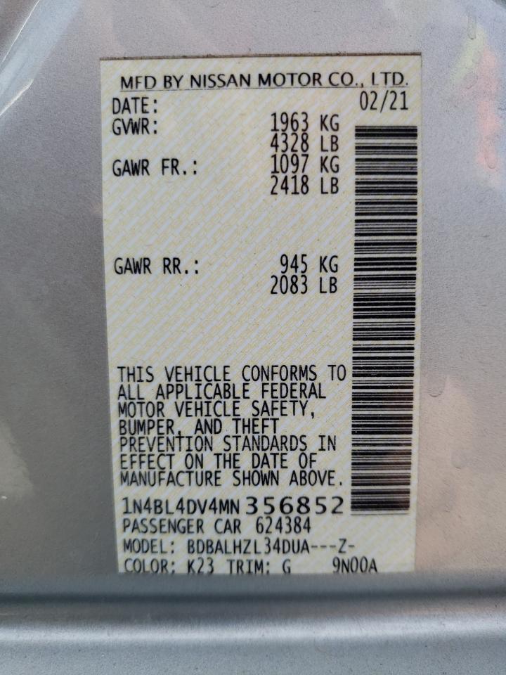 Photo 10 from auction – 2021 NISSAN ALTIMA SV with VIN 1N4BL4DV4MN356852