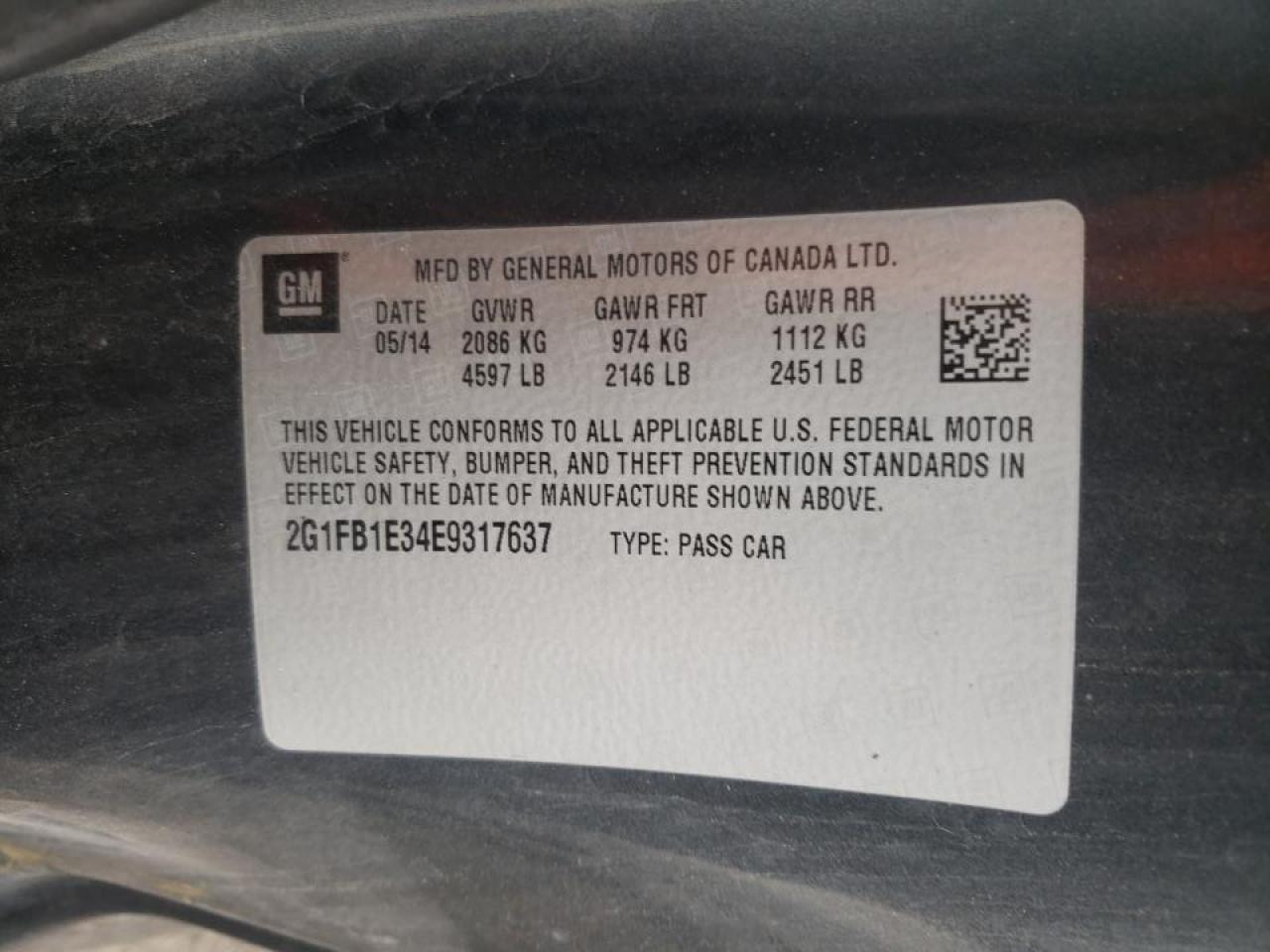 Photo 10 from auction – 2014 CHEVROLET CAMARO LT with VIN 2G1FB1E34E9317637