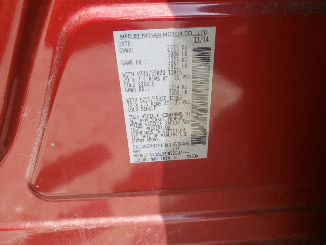 Photo 10 from auction – 2015 NISSAN PATHFINDER with VIN 5N1AR2MN4FC616346