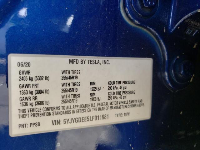 Photo 10 from auction – 2020 TESLA MODEL Y with VIN 5YJYGDEE5LF011981