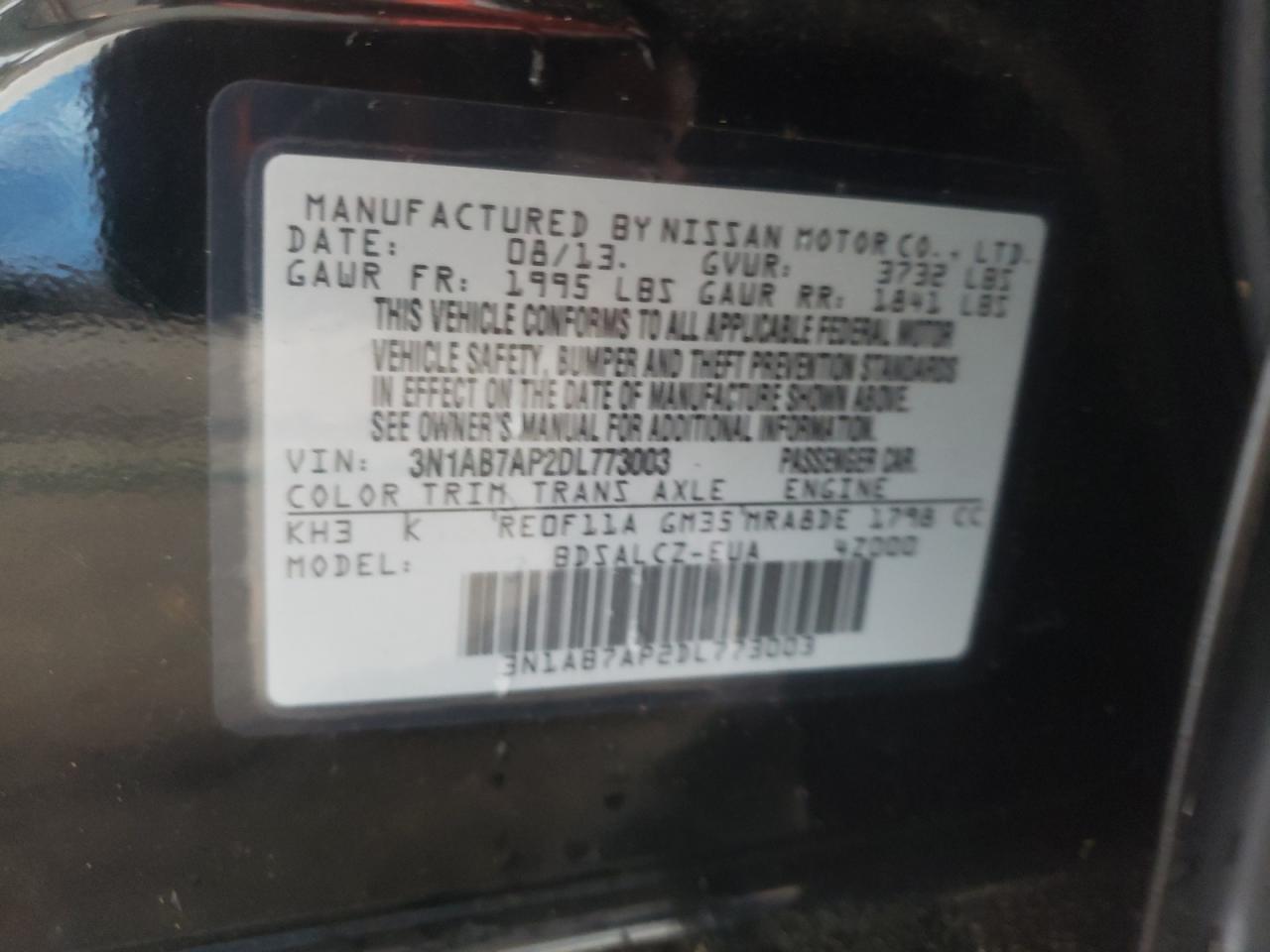 Photo 10 from auction – 2013 NISSAN SENTRA S with VIN 3N1AB7AP2DL773003