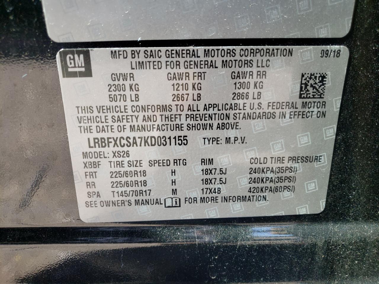 Photo 10 from auction – 2019 BUICK ENVISION E with VIN LRBFXCSA7KD031155