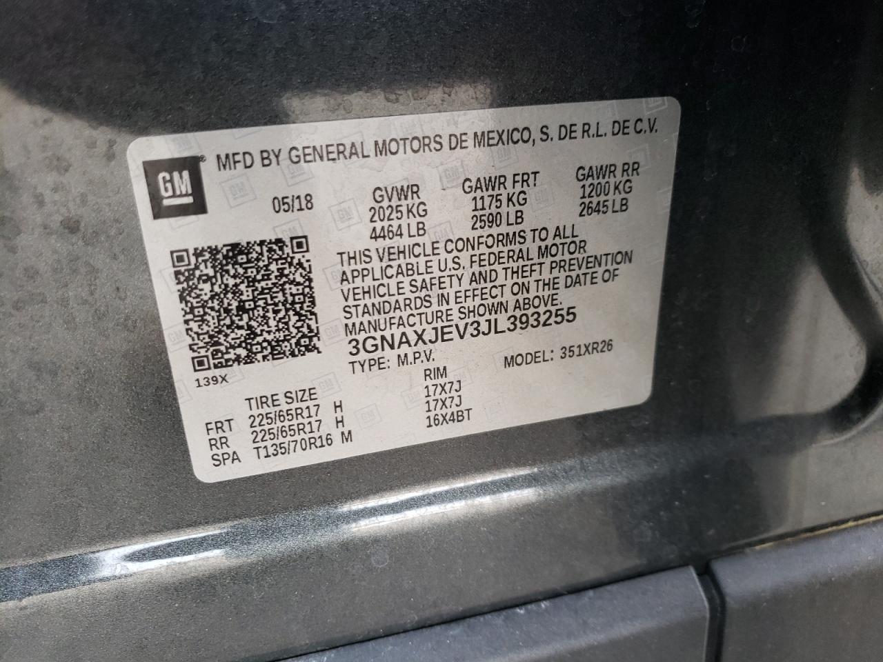 Photo 10 from auction – 2018 CHEVROLET EQUINOX LT with VIN 3GNAXJEV3JL393255