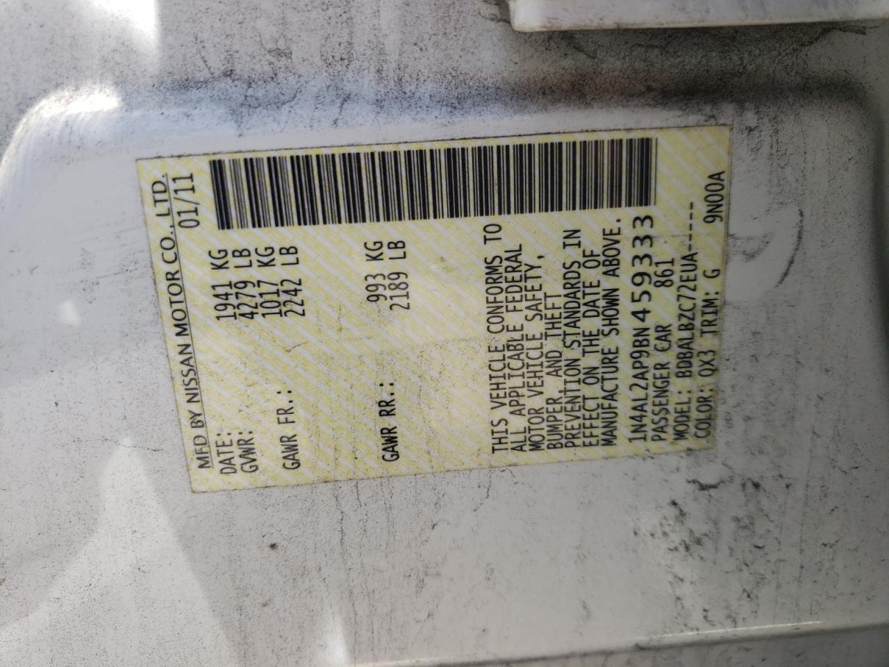 Photo 10 from auction – 2011 NISSAN ALTIMA BAS with VIN 1N4AL2AP9BN459333