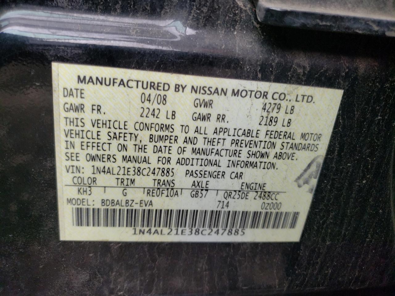 Photo 10 from auction – 2008 NISSAN ALTIMA 2.5 with VIN 1N4AL21E38C247885