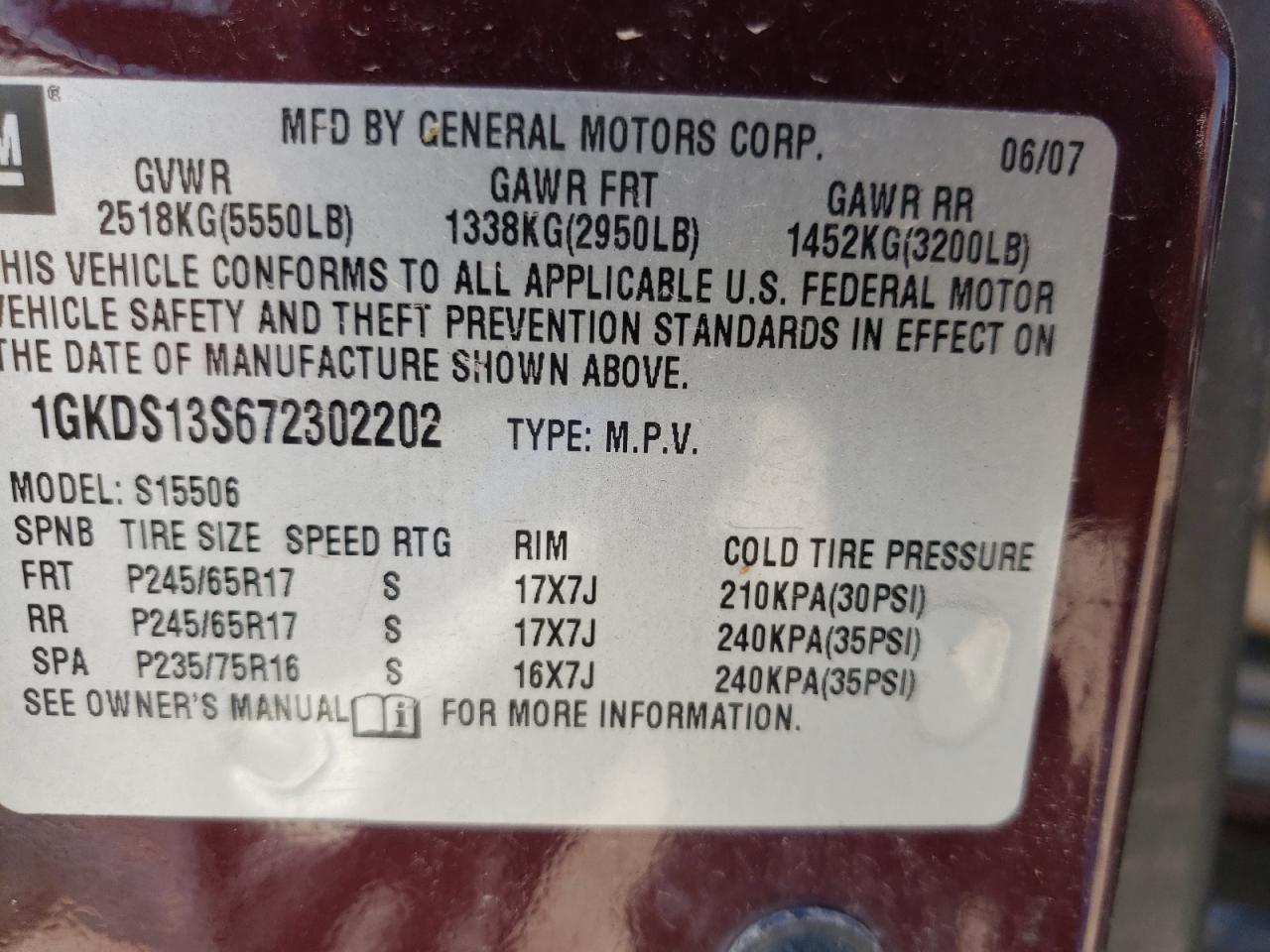 Photo 10 from auction – 2007 GMC ENVOY with VIN 1GKDS13S672302202