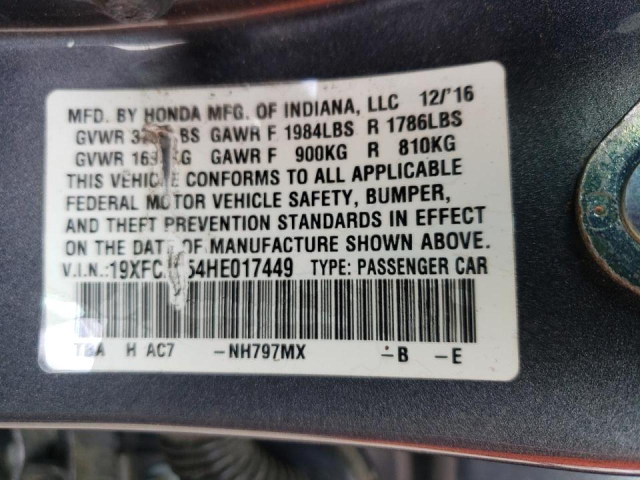 Photo 10 from auction – 2017 HONDA CIVIC LX with VIN 19XFC2F54HE017449
