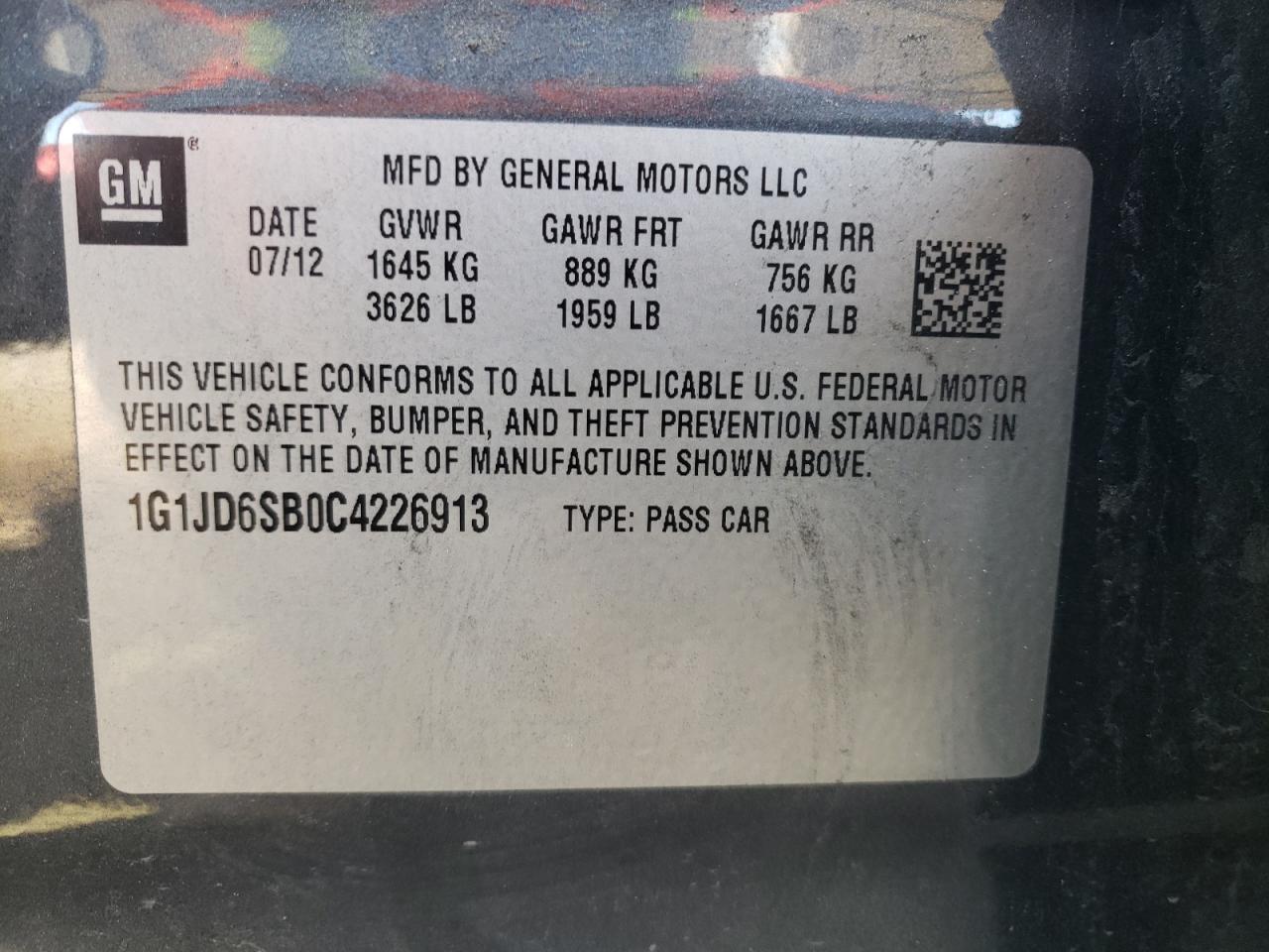 Photo 10 from auction – 2012 CHEVROLET SONIC LT with VIN 1G1JD6SB0C4226913