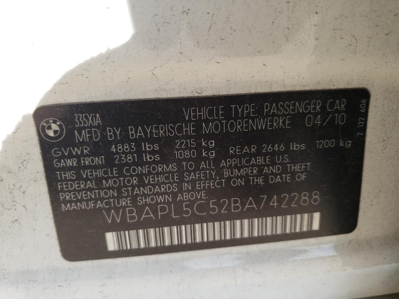 Photo 10 from auction – 2011 BMW 335 XI with VIN WBAPL5C52BA742288