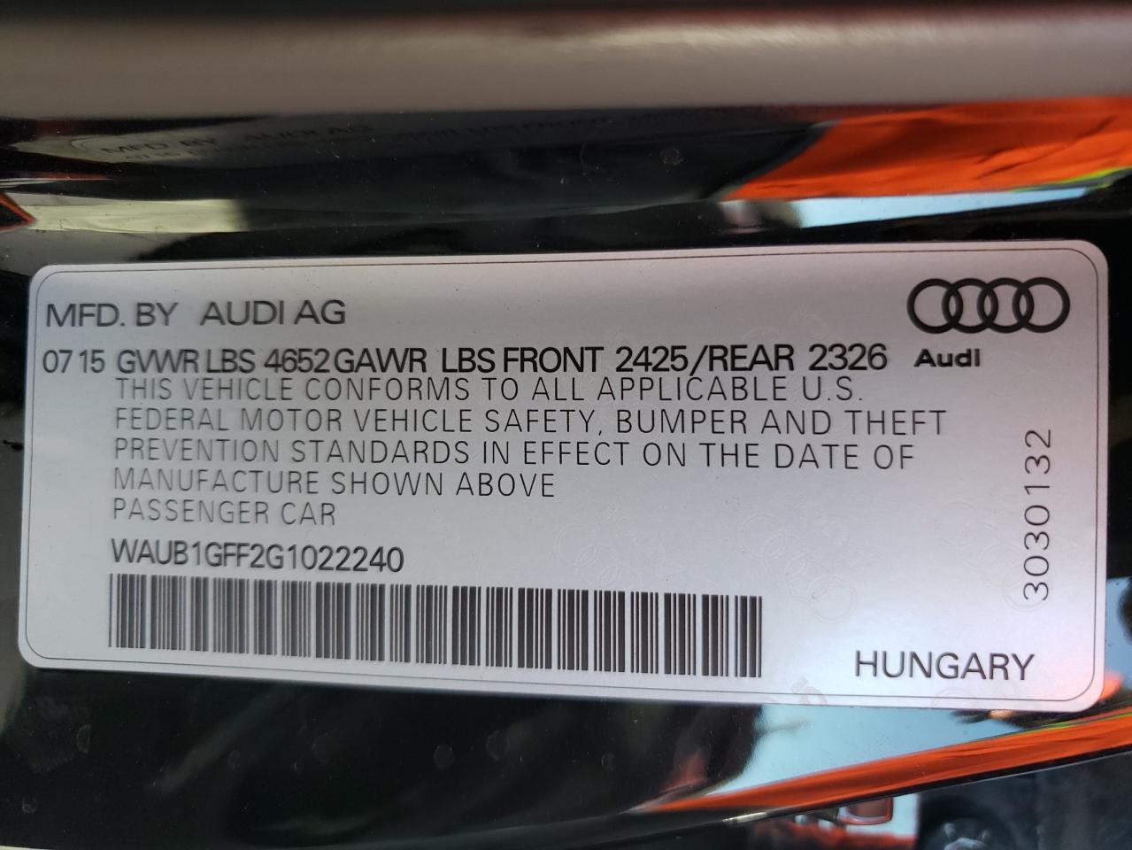 Photo 10 from auction – 2016 AUDI S3 PREMIUM with VIN WAUB1GFF2G1022240