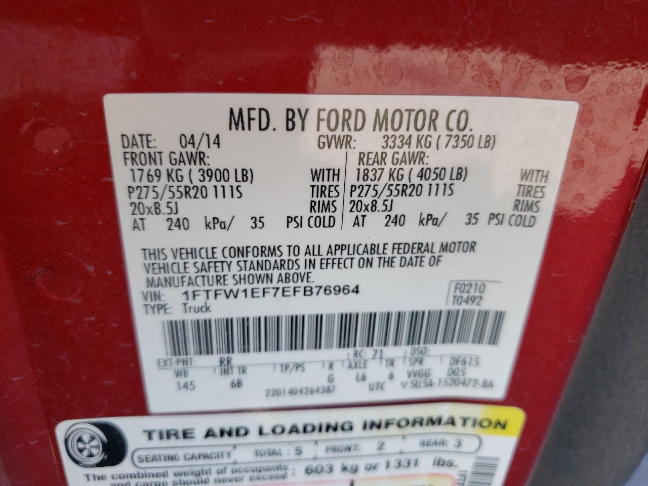 Photo 10 from auction – 2014 FORD F150 SUPER with VIN 1FTFW1EF7EFB76964