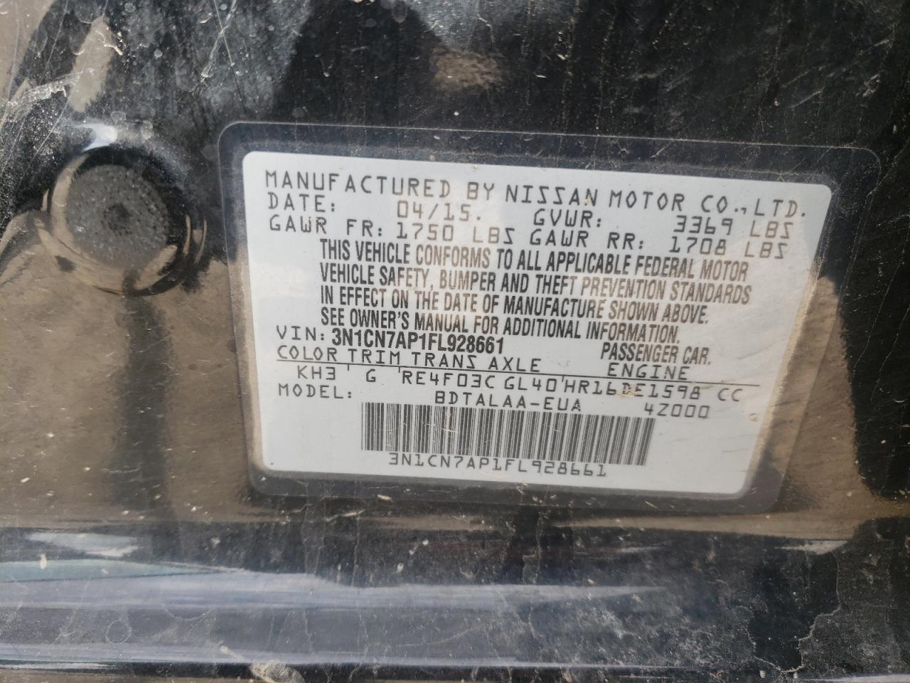 Photo 10 from auction – 2015 NISSAN VERSA S with VIN 3N1CN7AP1FL928661