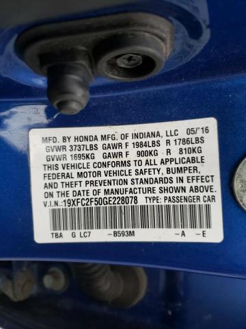 Photo 10 from auction – 2016 HONDA CIVIC LX with VIN 19XFC2F50GE228078