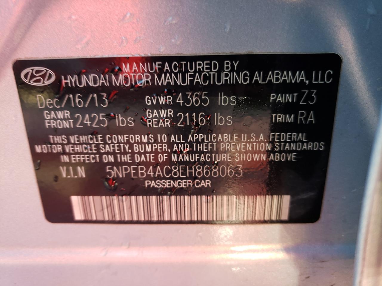 Photo 10 from auction – 2014 HYUNDAI SONATA GLS with VIN 5NPEB4AC8EH868063