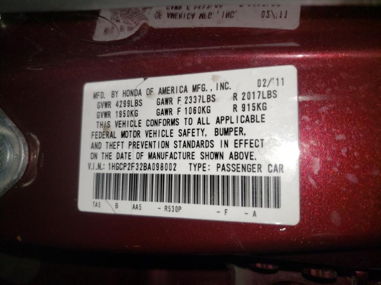 Photo 10 from auction – 2011 HONDA ACCORD LX with VIN 1HGCP2F32BA098002