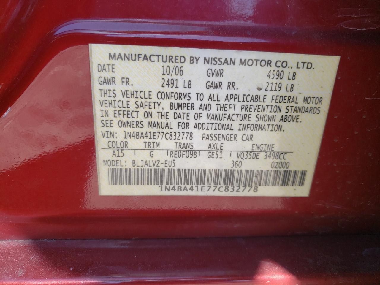 Photo 10 from auction – 2007 NISSAN MAXIMA SE with VIN 1N4BA41E77C832778