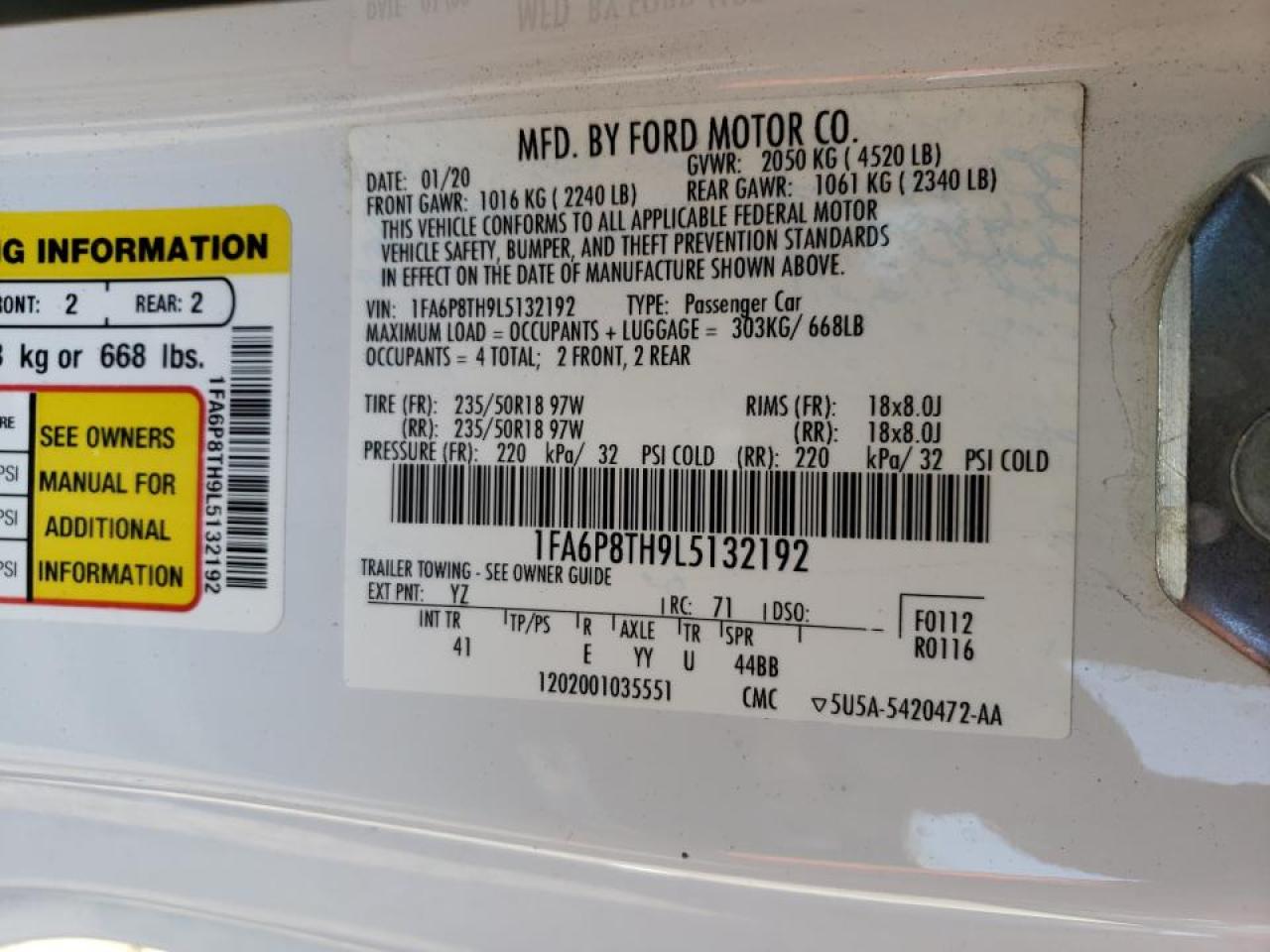 Photo 10 from auction – 2020 FORD MUSTANG with VIN 1FA6P8TH9L5132192