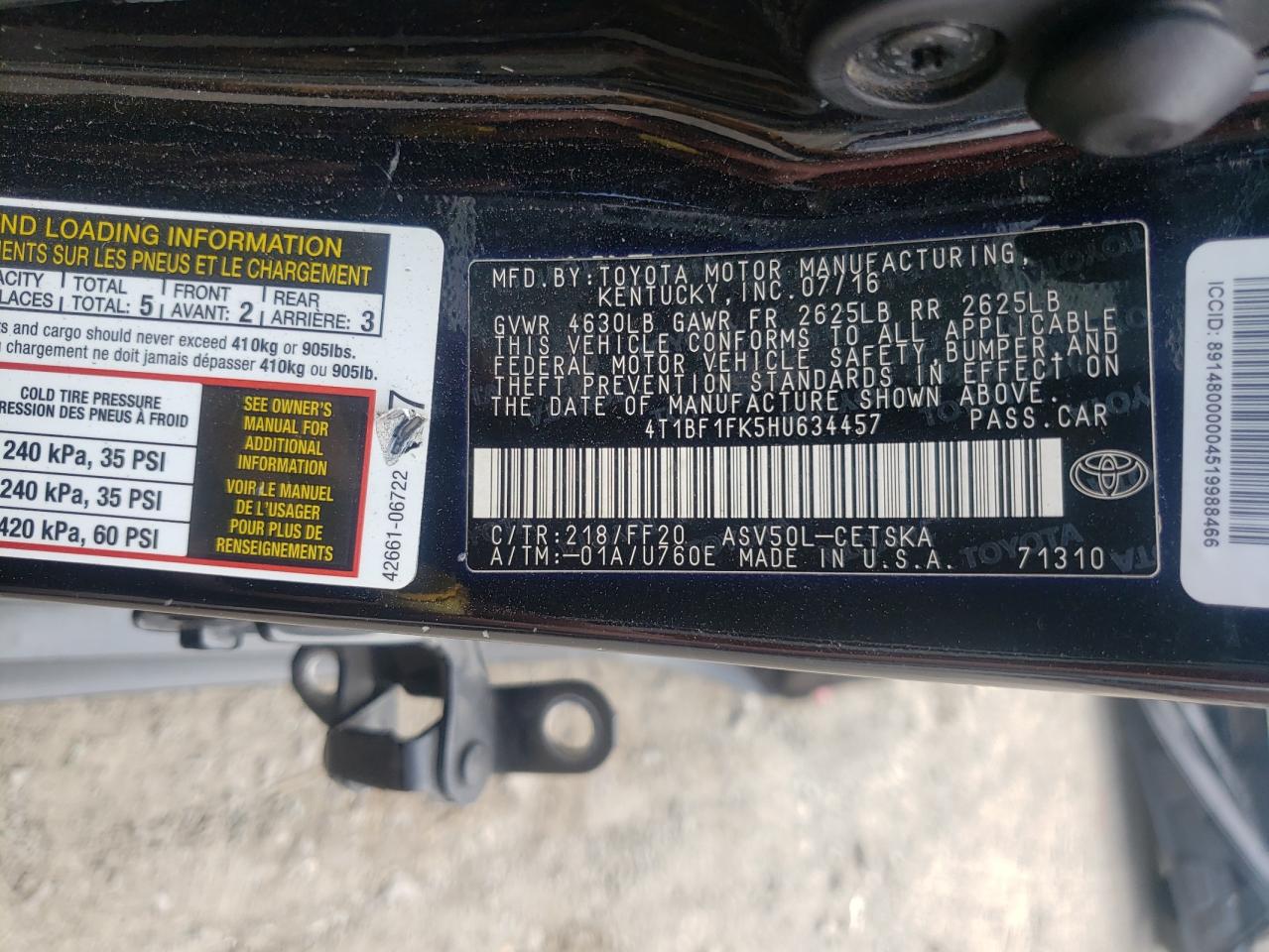 Photo 10 from auction – 2017 TOYOTA CAMRY LE with VIN 4T1BF1FK5HU634457